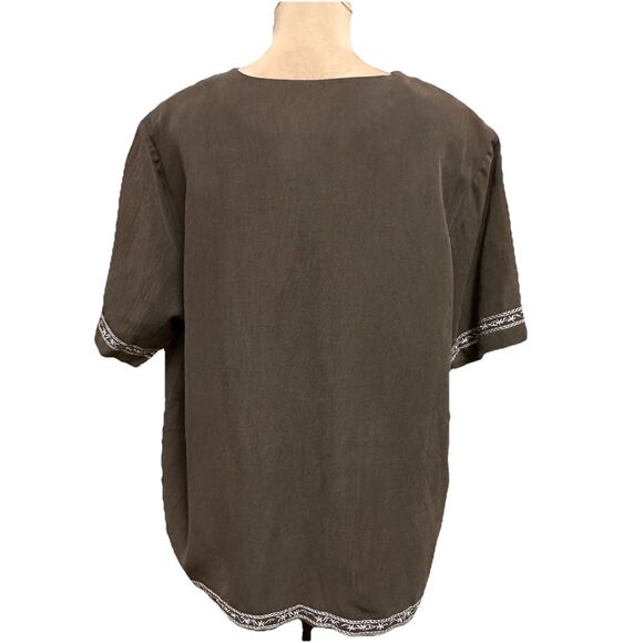 dressbarn Women Button Up Shirt Size 20W Brown Silk Linen Floral Embroidery Boho - Picture 5 of 13